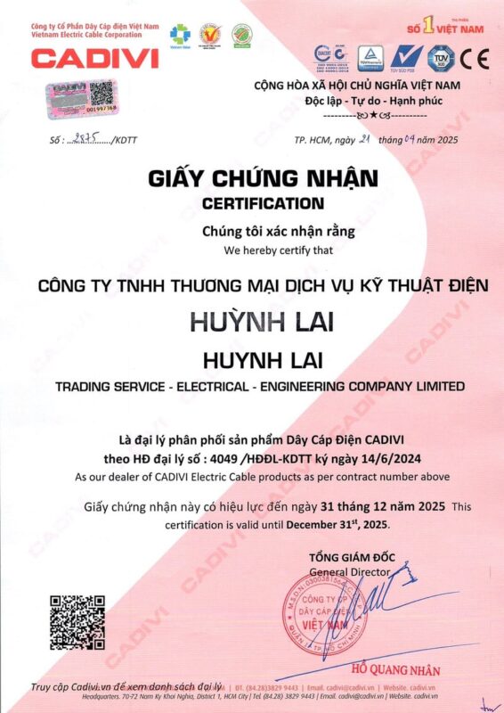 Giấy chứng nhận Huỳnh Lai là nhà phân phối cáp điện Cadivi - Không qua trung gian