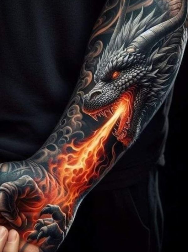 Hình xăm rồng lửa biểu trưng cho sức mạnh và uy nghiêm vô cùng lớn lao